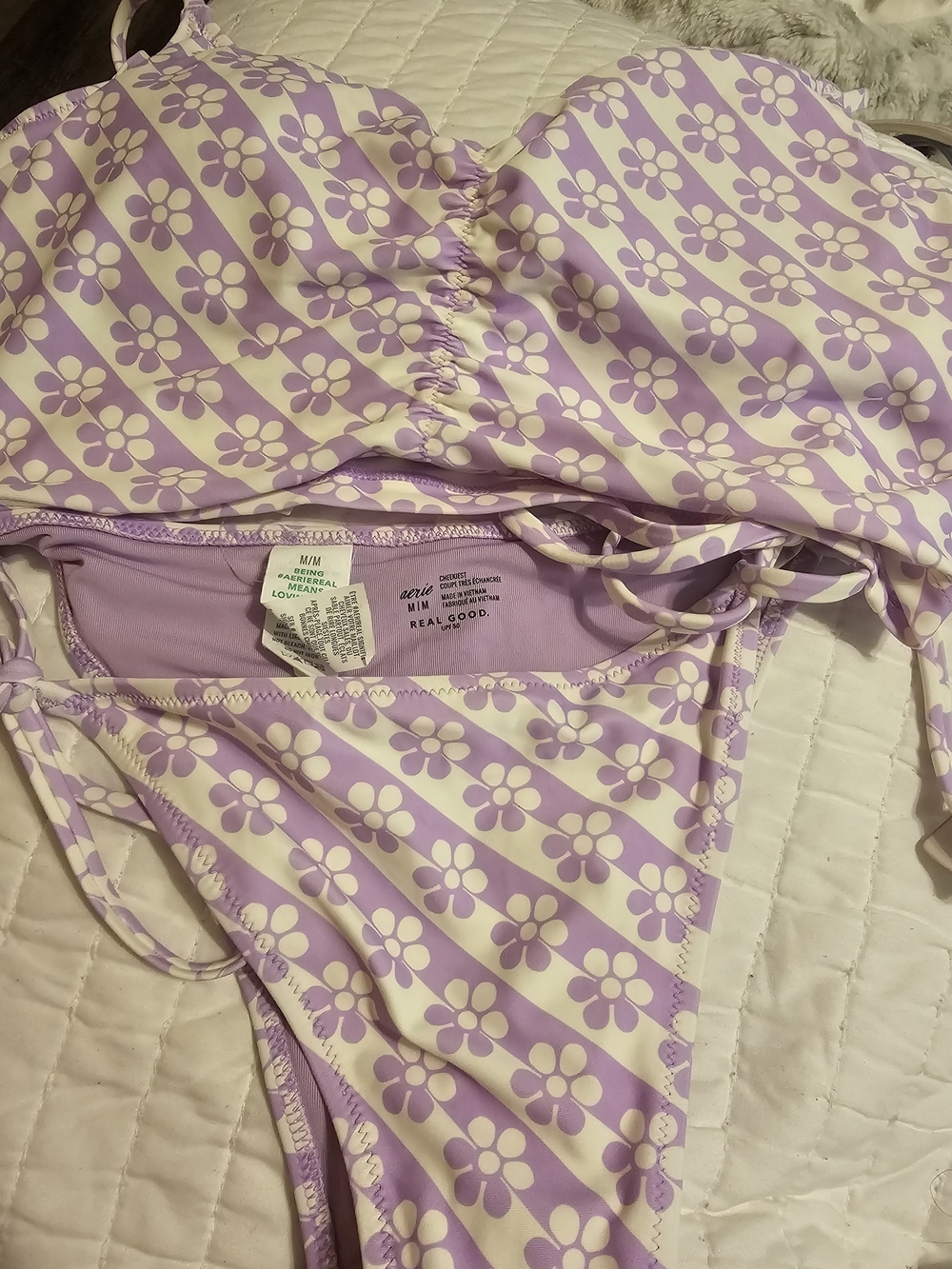 aerie Lilac and White Floral Stripe Bikini Bottoms
